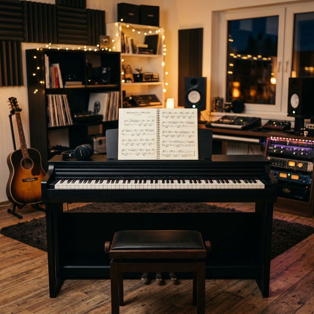 Aulas de piano e teclado na Granja Vianna Cotia - Startup Musical com piano de cauda em estúdio musical aconchegante